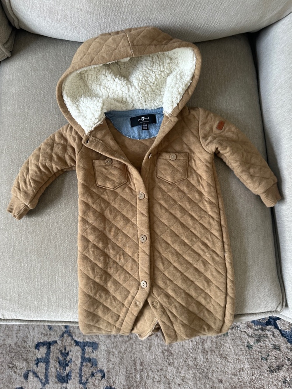 7 For All Mankind Quilted Hooded Baby Bunting in Camel with Cream Sherpa